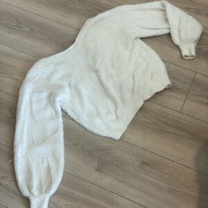 White Fuzzy Sweater with Boat Neck and Balloon Sleeves - Well Loved